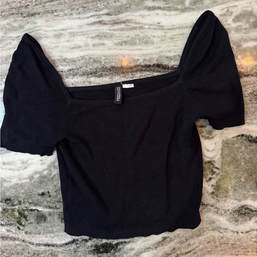 Black Square Neck Short Sleeve Tops Size XS